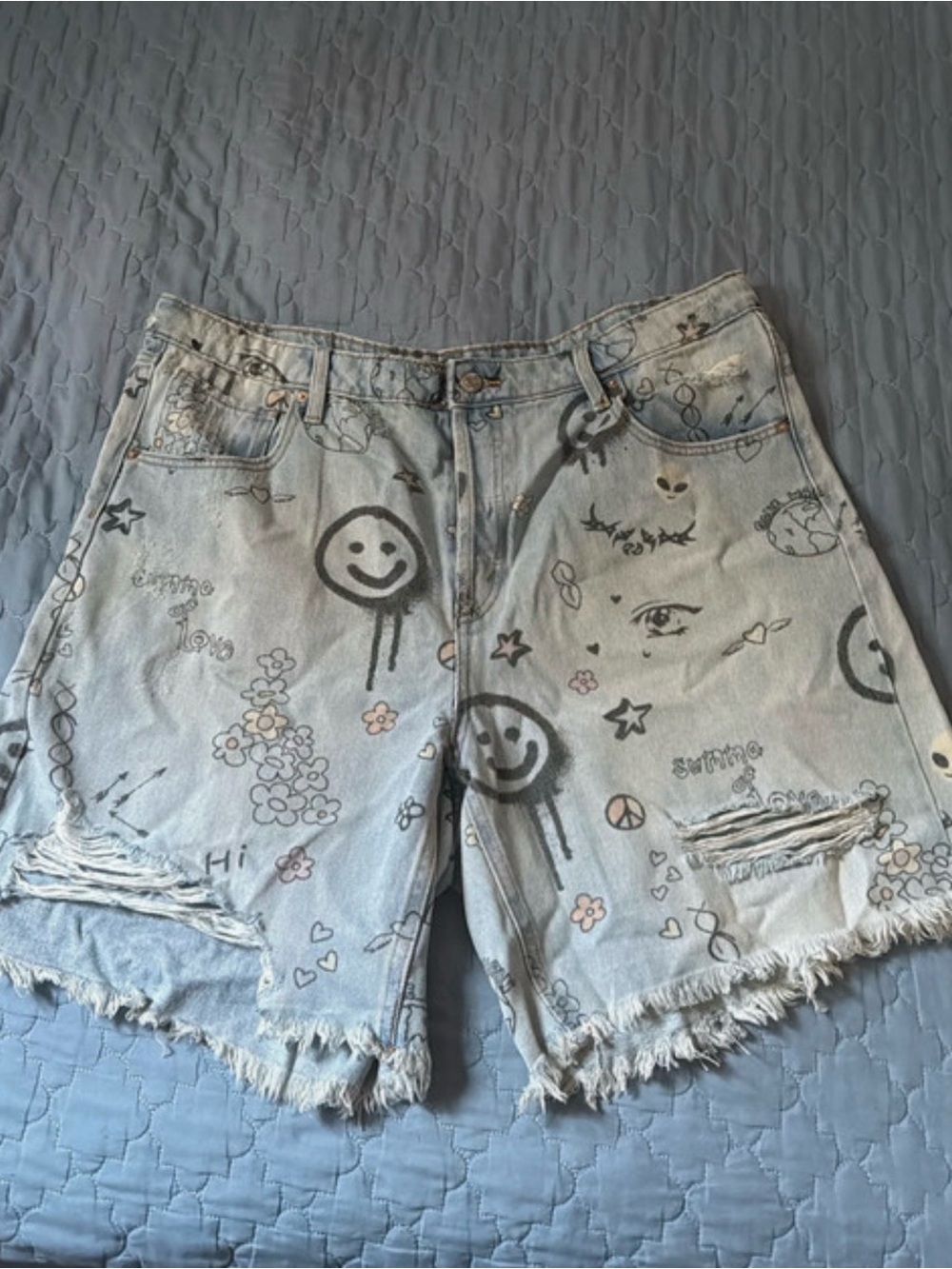 Light Blue Printed Denim Jean Shorts with Smiley & Floral Motifs